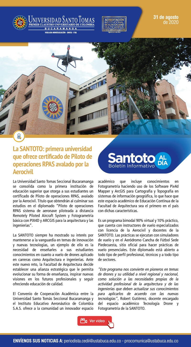 La SANTOTO: primera universidad que ofrece certificado de Piloto de operaciones RPAS avalado por a Aerocivil