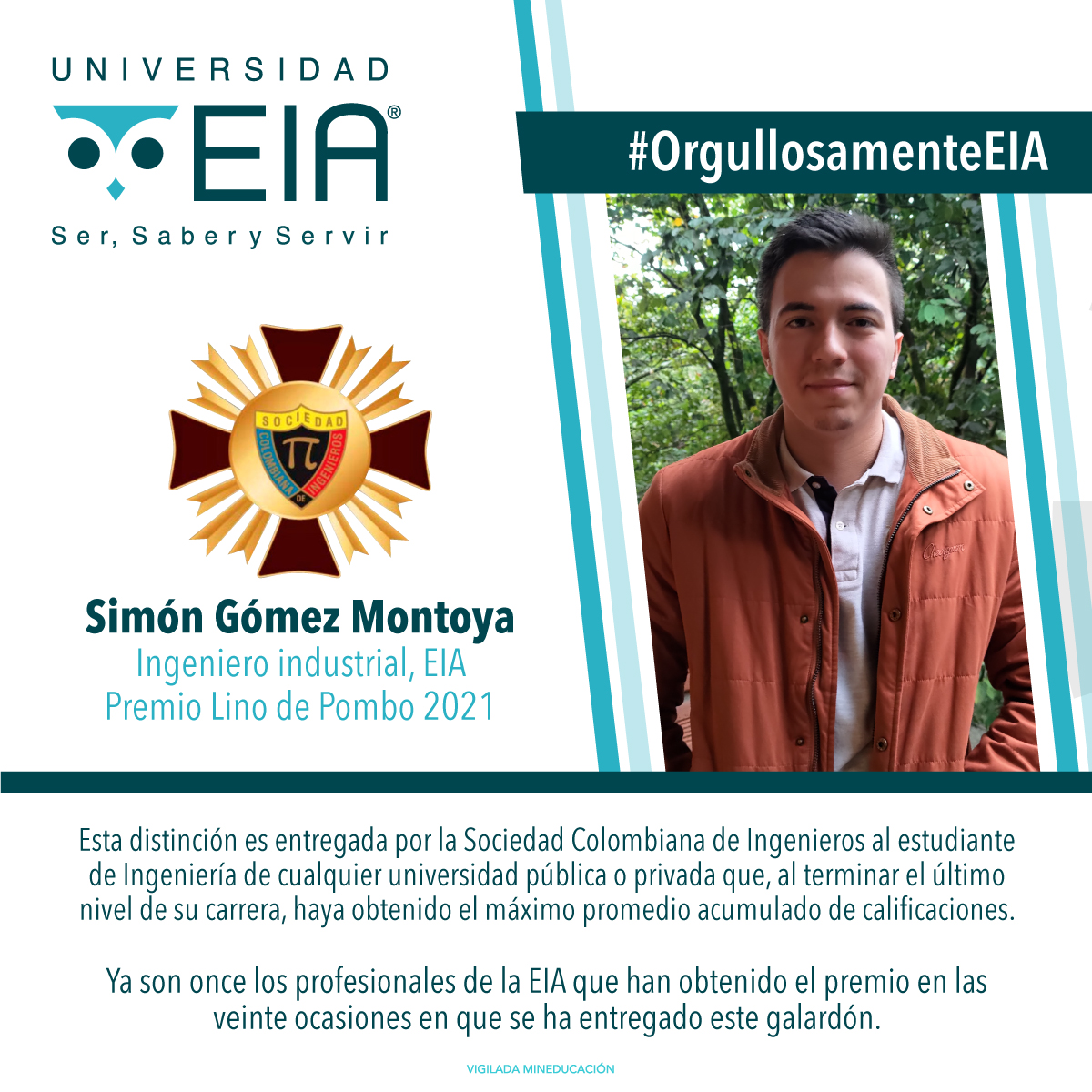 Simón Gómez Montoya, Ingeniero industrial de EIA, Premio Lino de Pombo 2021